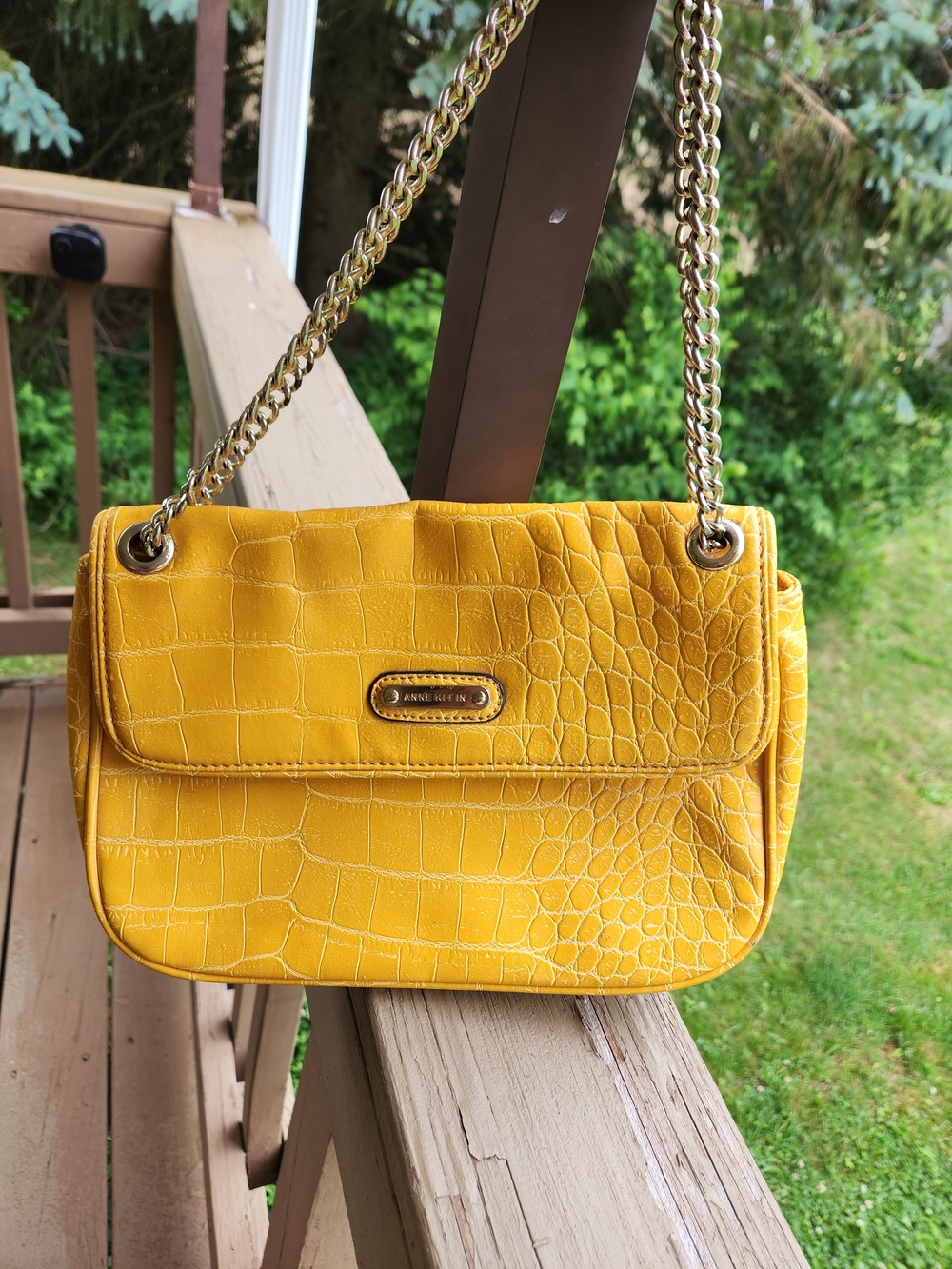 Anne Klein Mustard Yellow Croc-Embossed Shoulder Bag with Gold Chain